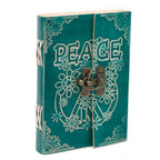 Teal book-shaped box with 'PEACE' and floral designs on a white background