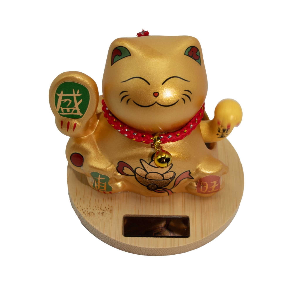 Gold moving Hand Solar Money Cat Wooden Base