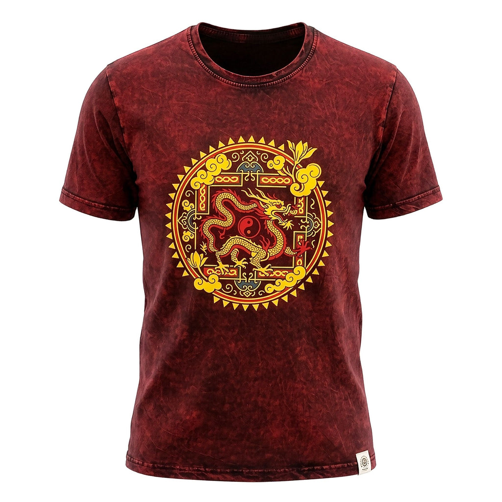Nomad Sari Stonewashed Cotton T-Shirt | Dragon Mandala | Maroon | Large