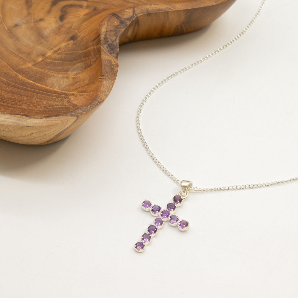Amethyst Crucifix Pendant | Silver Plated | 45cm Chain