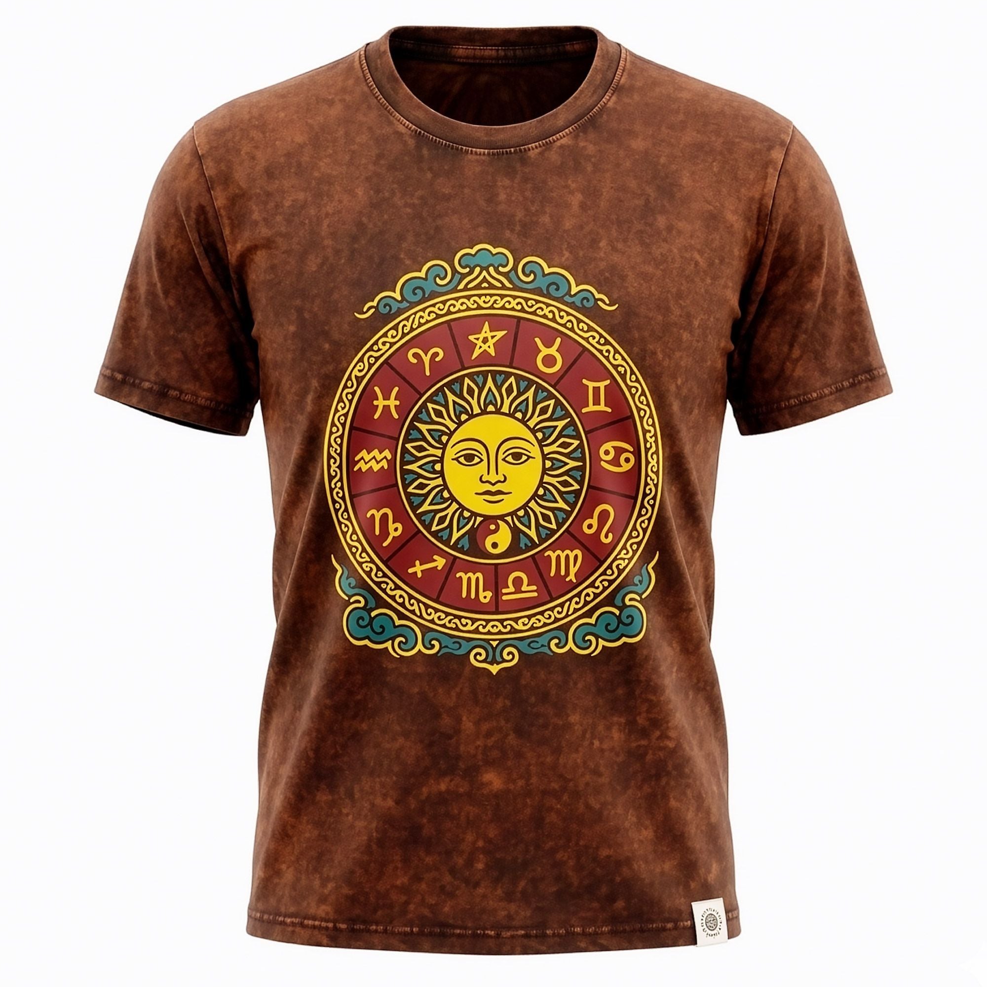 Nomad Sari Stonewashed Cotton T-Shirt | Sun & Zodiac | Brown | XL