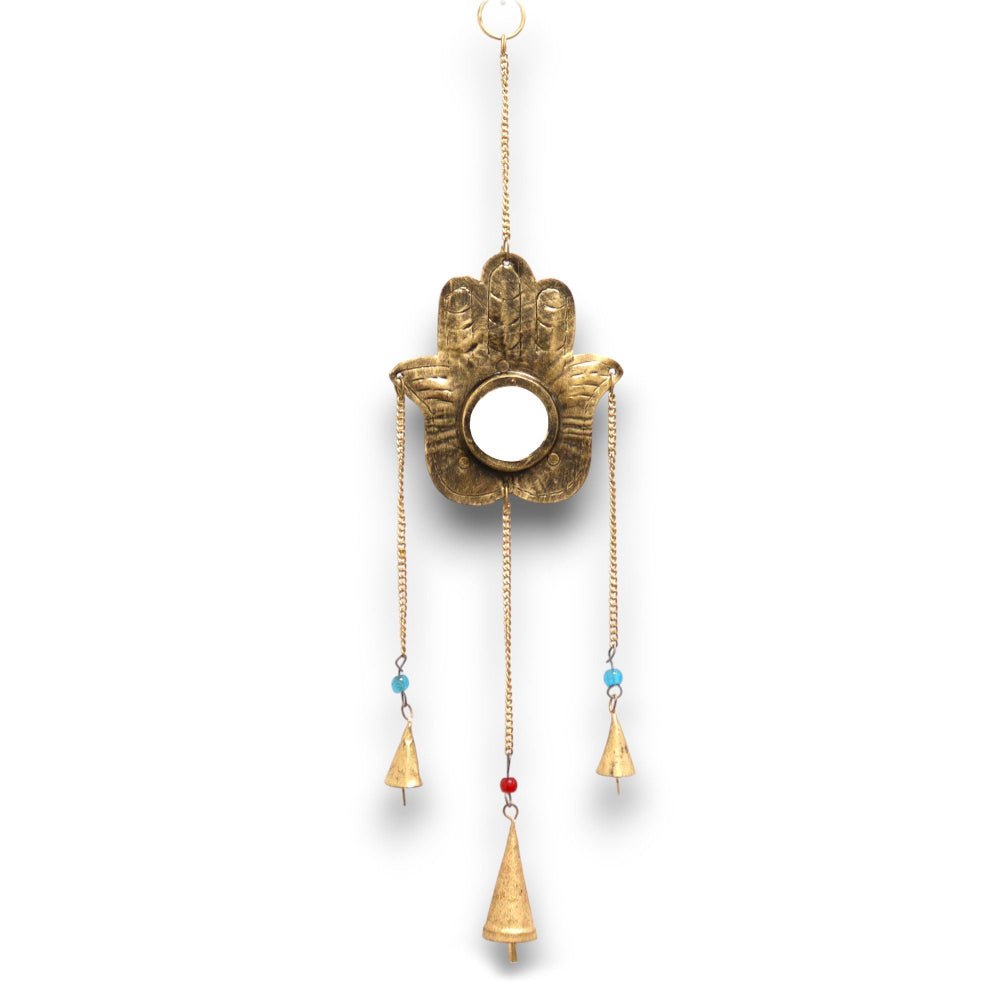 Hamsa Hand Wind Chime with Mirror & 3 Brass Bells – Small