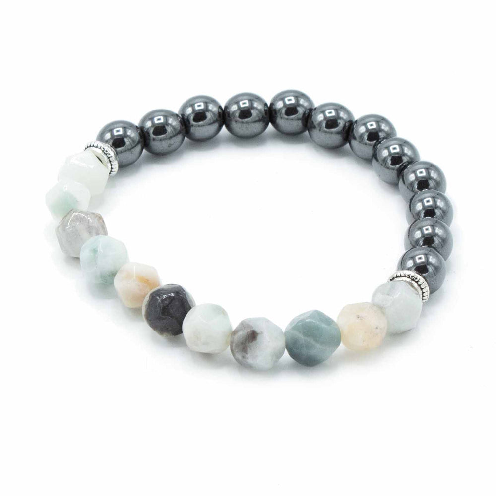 Beaded bracelet with gray and multicolored beads on a white background