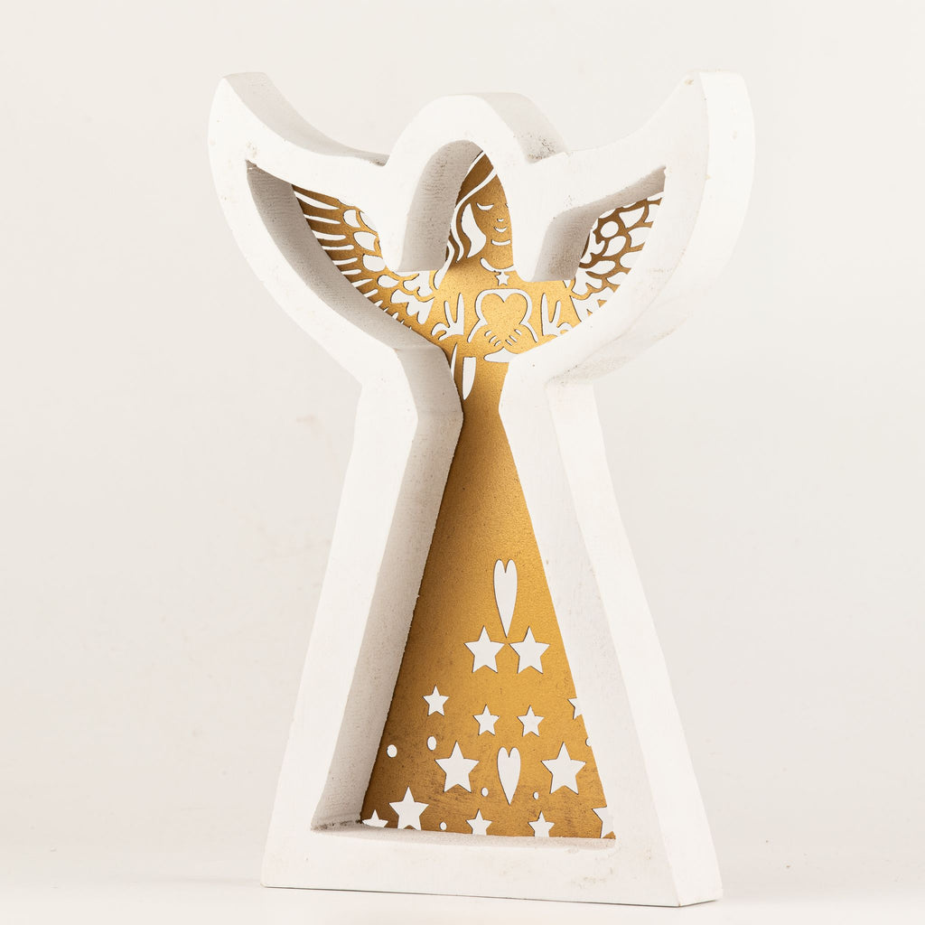Whitewashed Mango Wood Angel Ornament with Iron Cut-Out