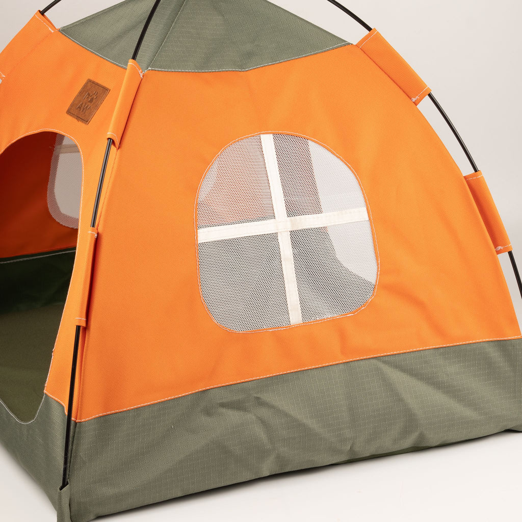 Tent Pet Bed for Cats & Very Small Dogs - Green & Orange (48 × 48 × 40cm)