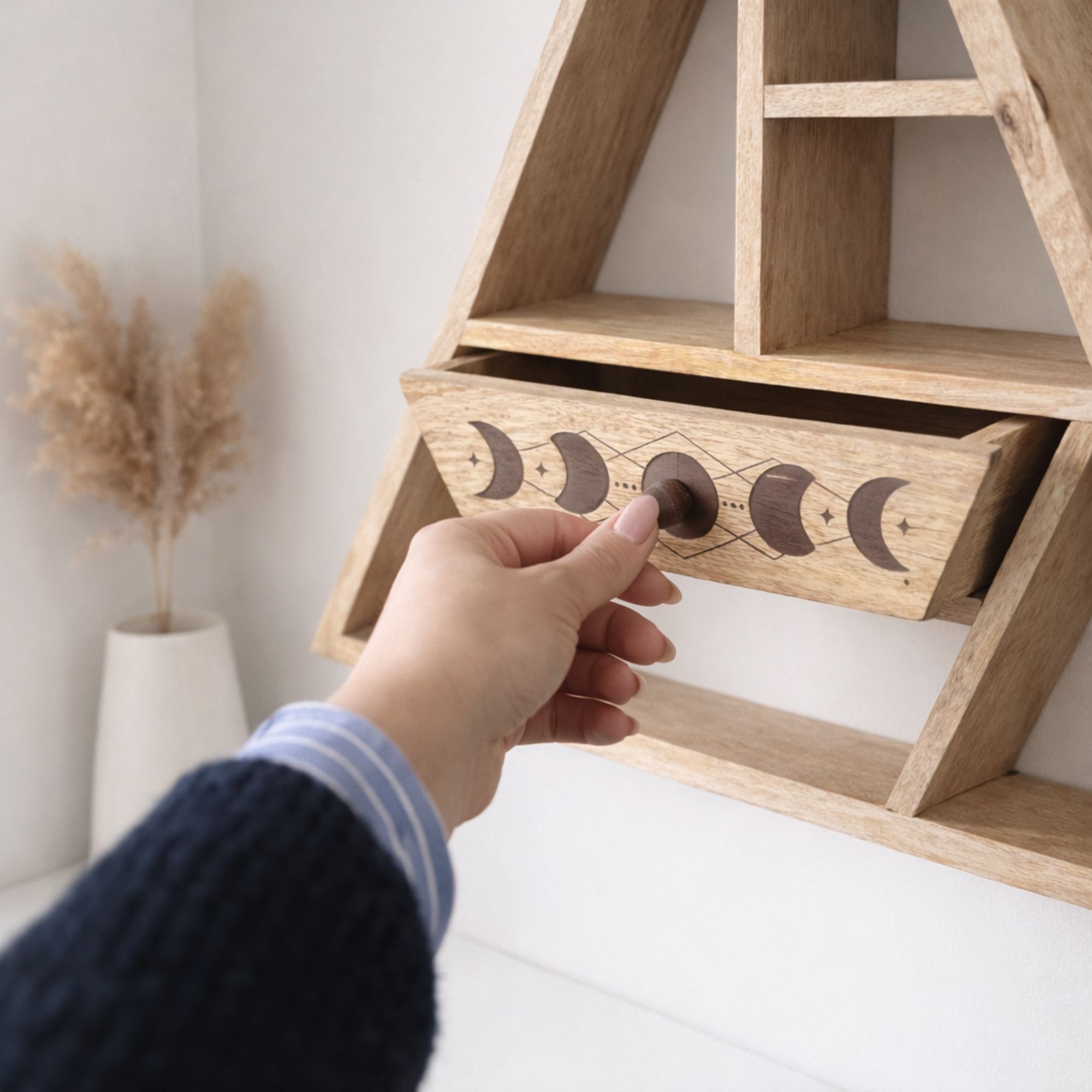 Triangle Wall Shelf with Moon Phase Drawer | Wooden Celestial Shelf