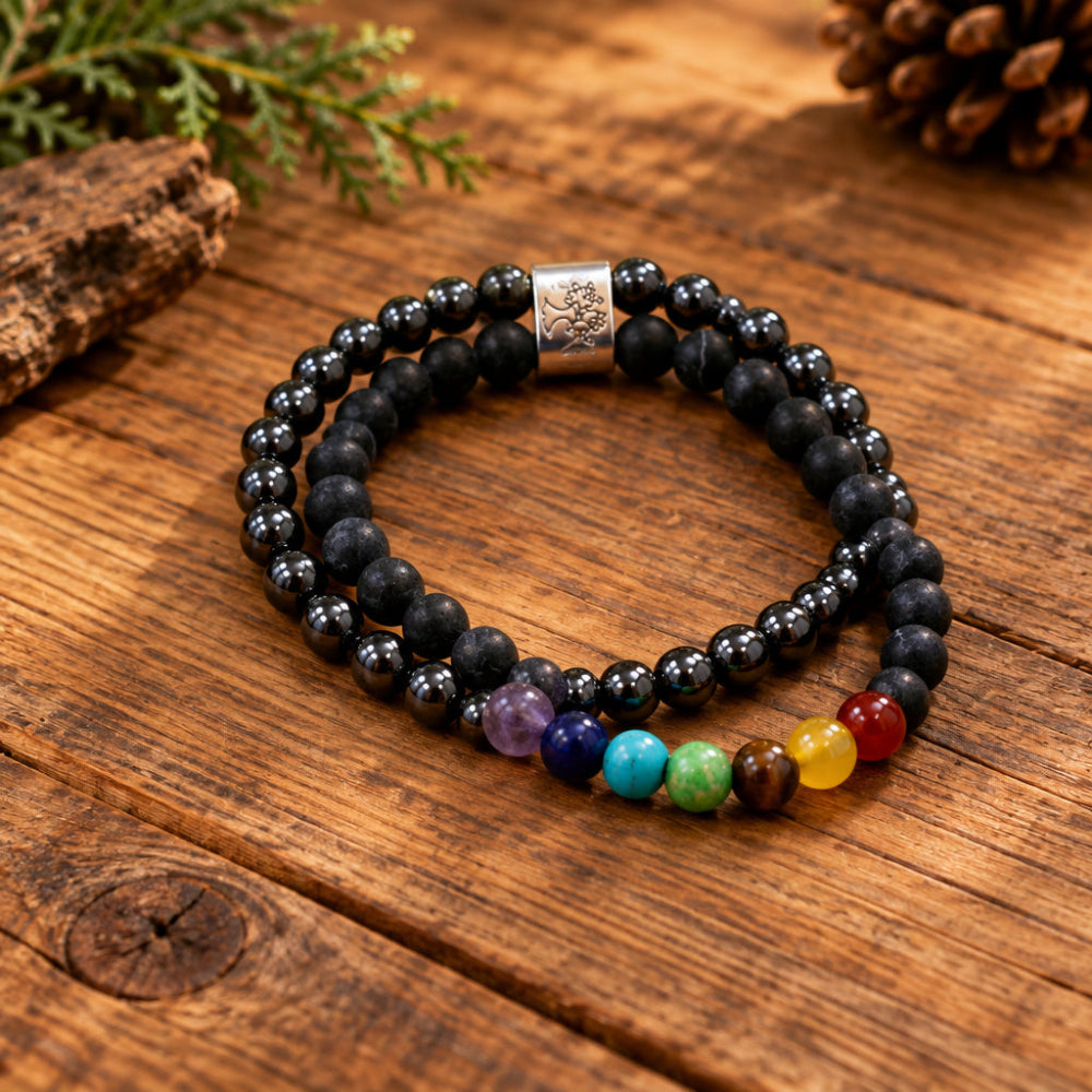Black Stone Chakra Bracelet with Magnetic Hematite