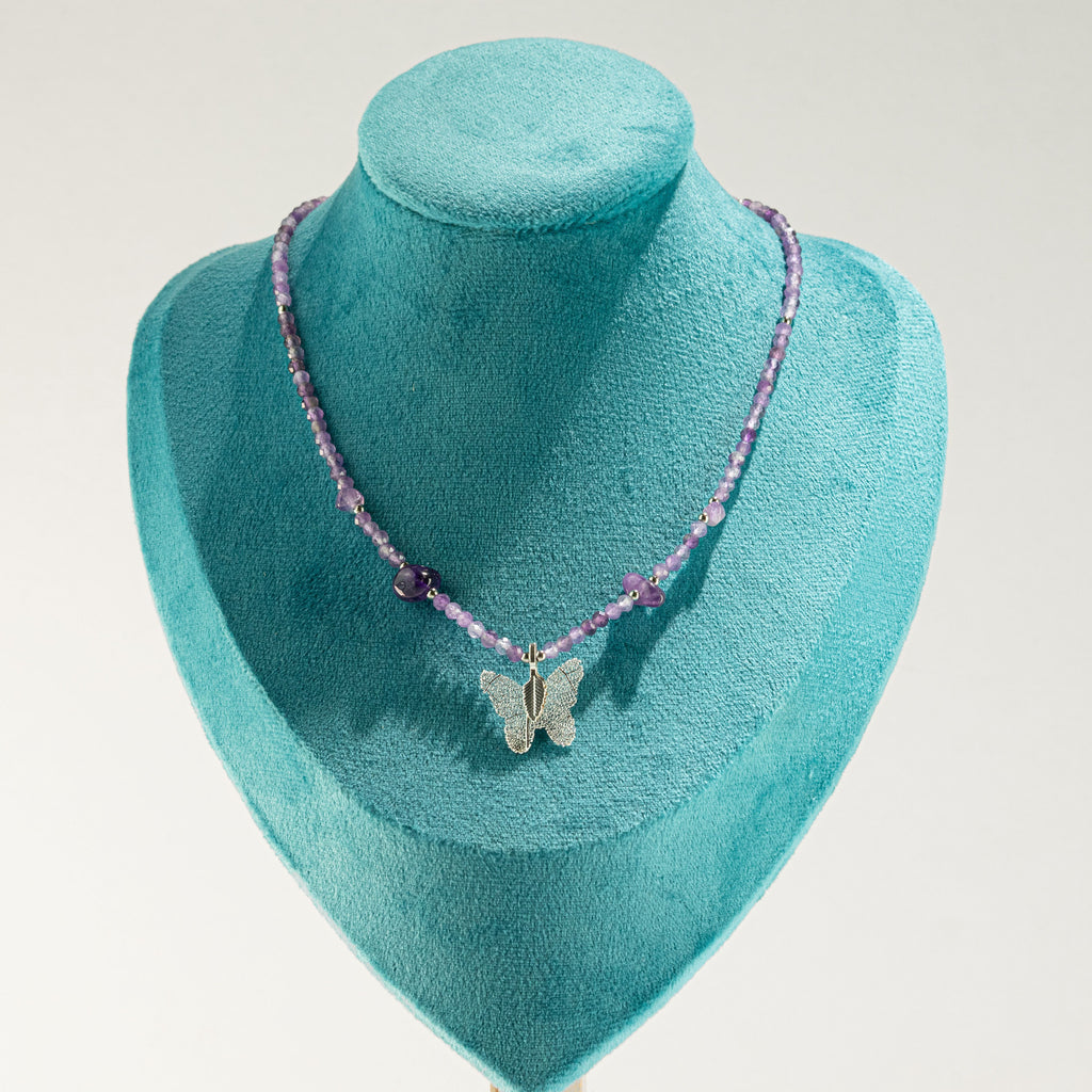 Nymph Amethyst Gemstone Necklace with Real Leaf Butterfly Pendant