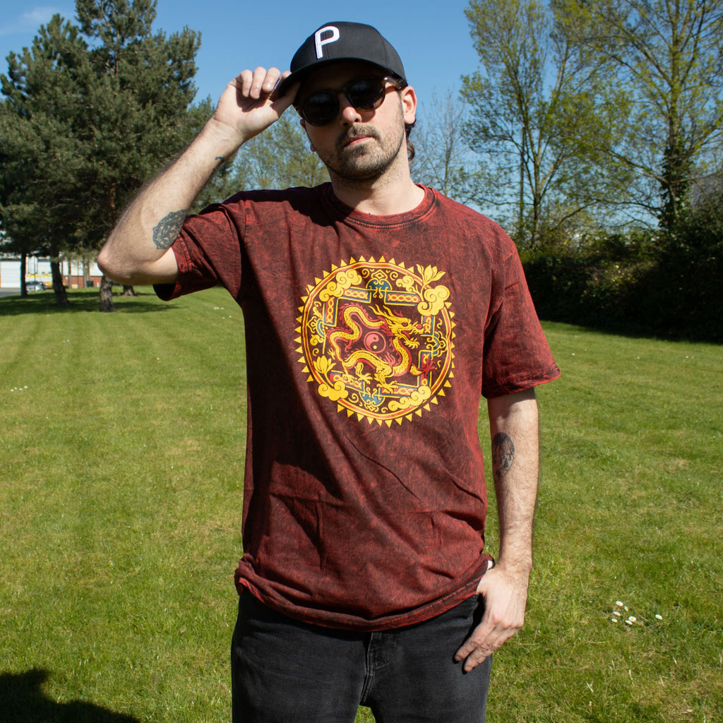 Nomad Sari Stonewashed Cotton T-Shirt | Dragon Mandala | Maroon | Large