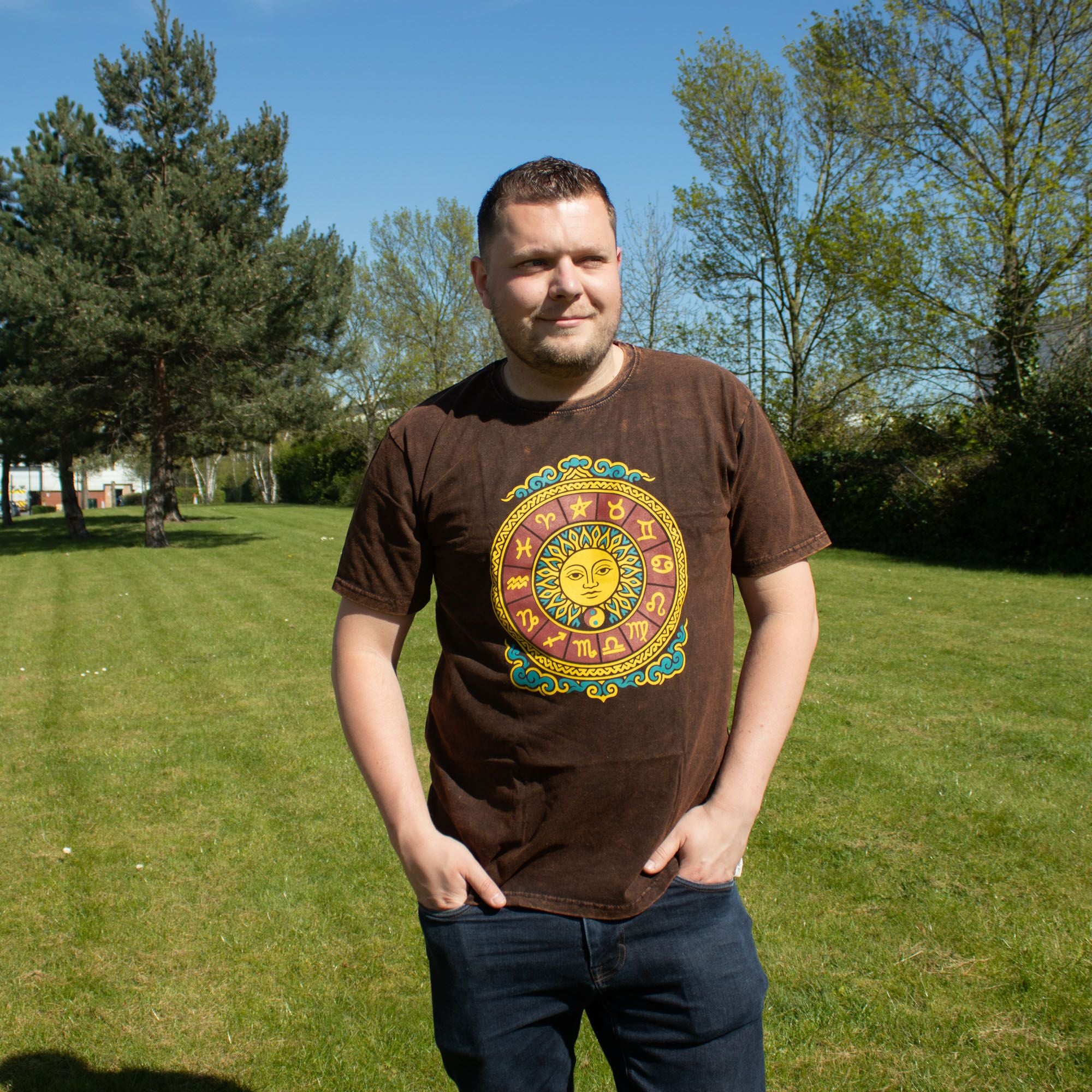 Nomad Sari Stonewashed Cotton T-Shirt | Sun & Zodiac | Brown | XL