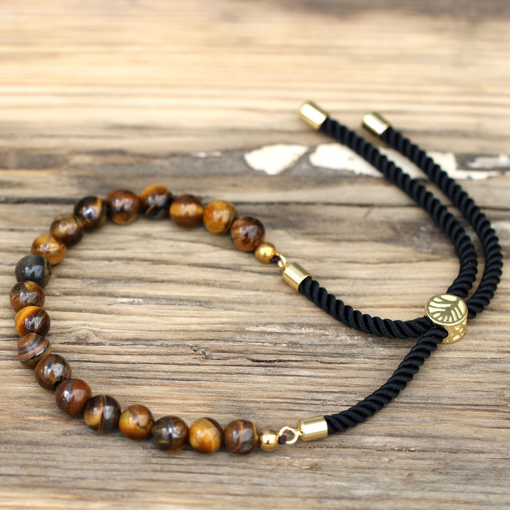 Tiger Eye 18K Gold Plated Gemstone Black String Bracelet