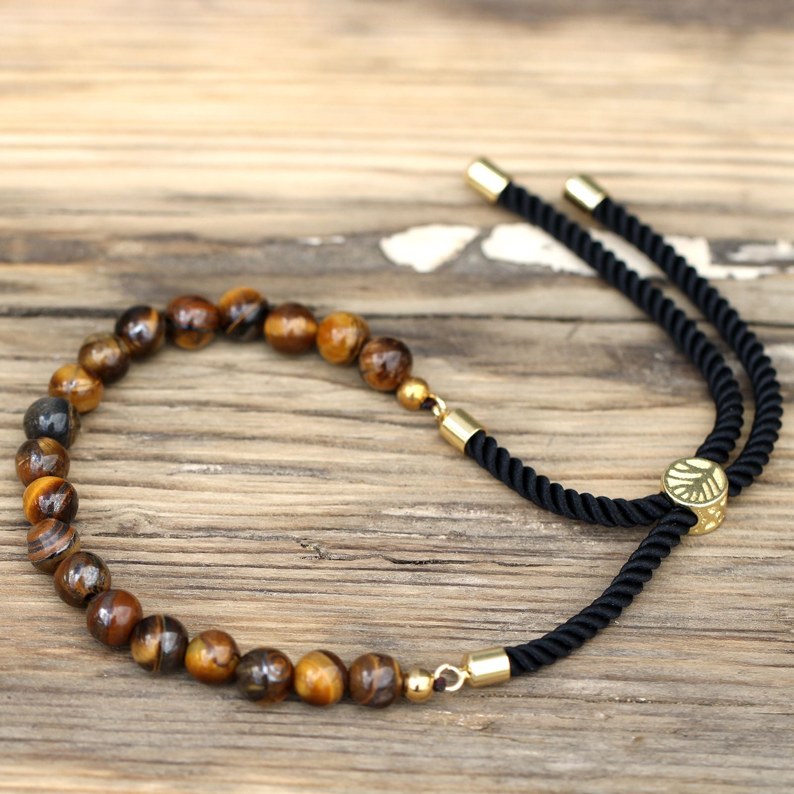 Tiger Eye 18K Gold Plated Gemstone Black String Bracelet