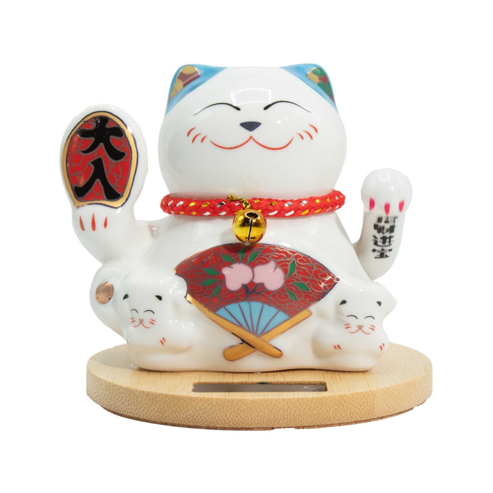 Blue Moving Hand Solar Money Cat Wooden Base