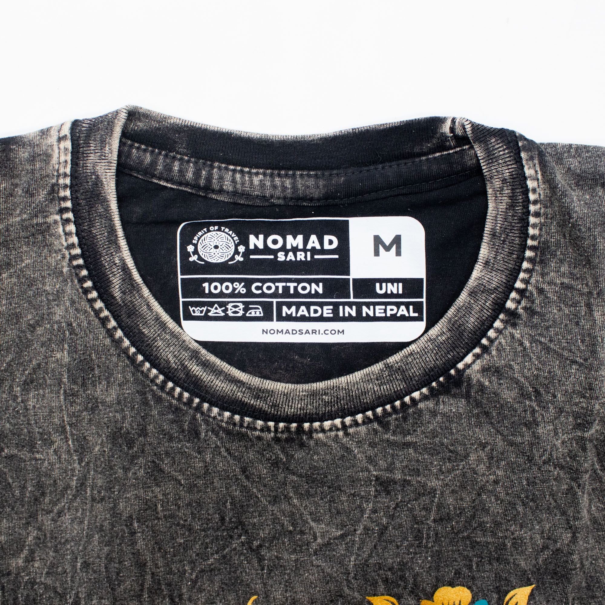 Nomad Sari Stonewashed Cotton T-Shirt | Compass of Life | Charcoal | Medium