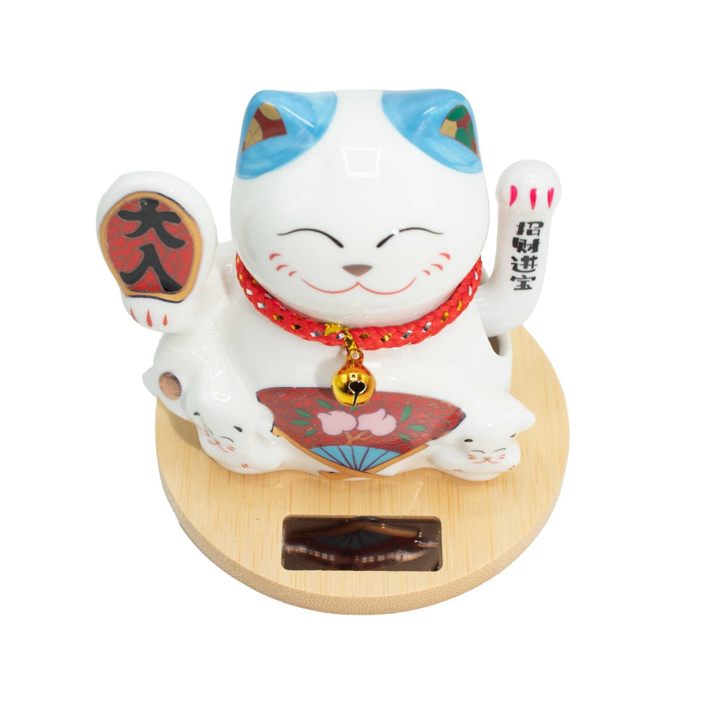 Blue Moving Hand Solar Money Cat Wooden Base
