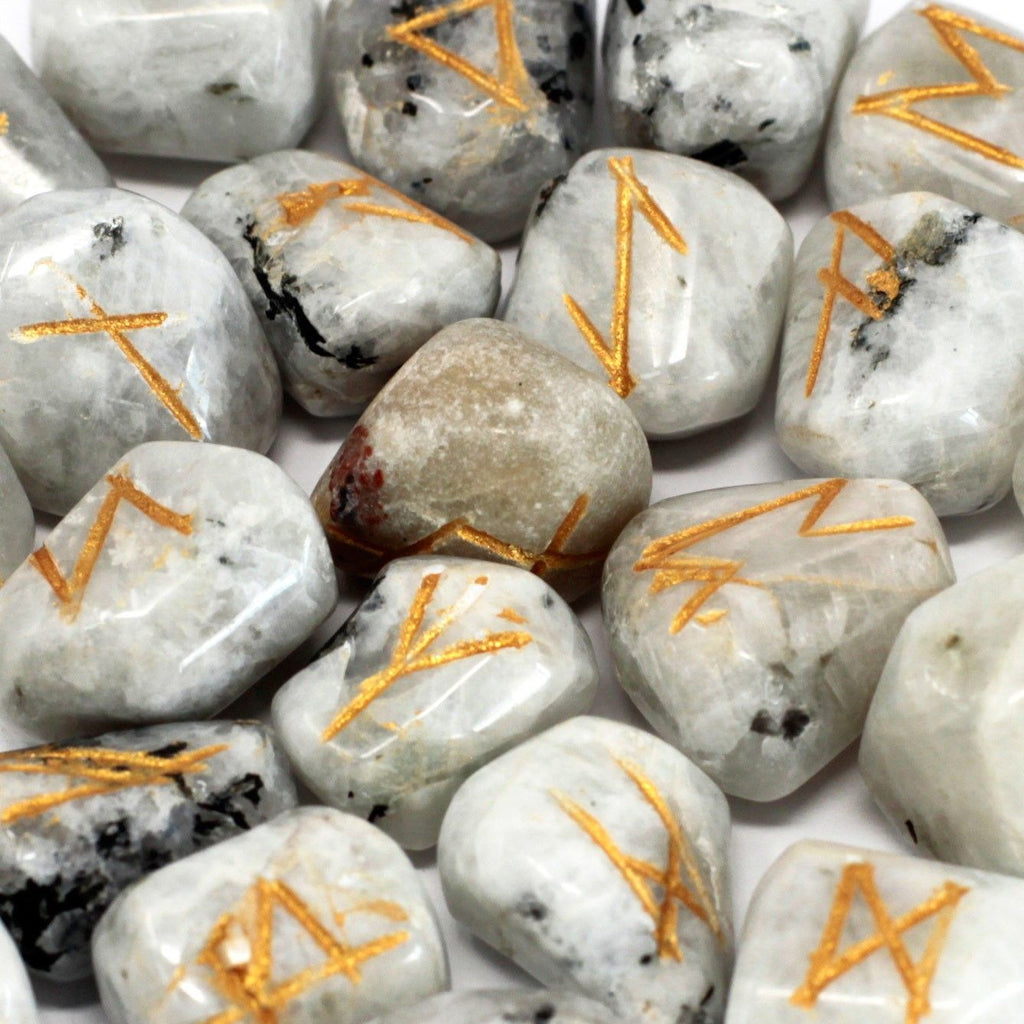 Rainbow Moonstone Runes Stone Set in Pouch