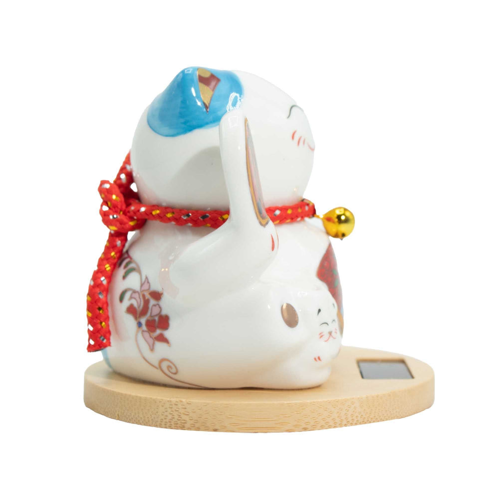 Blue Moving Hand Solar Money Cat Wooden Base