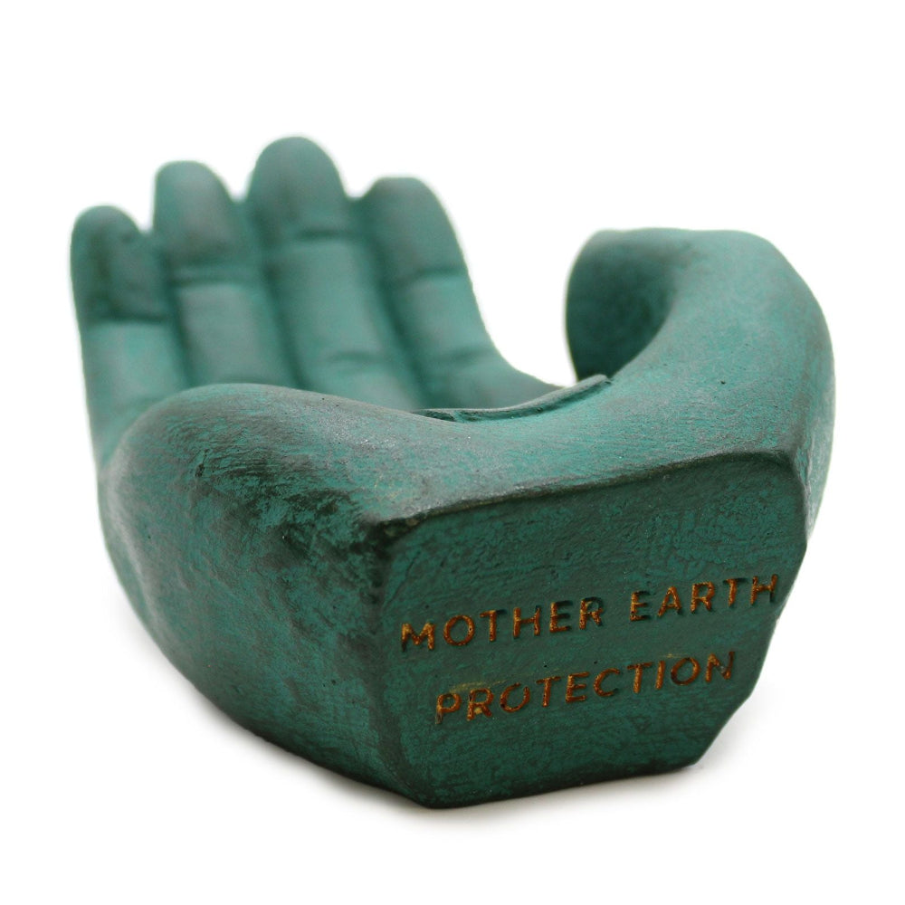 Teal hand-shaped object with 'Mother Earth Protection' text on a white background