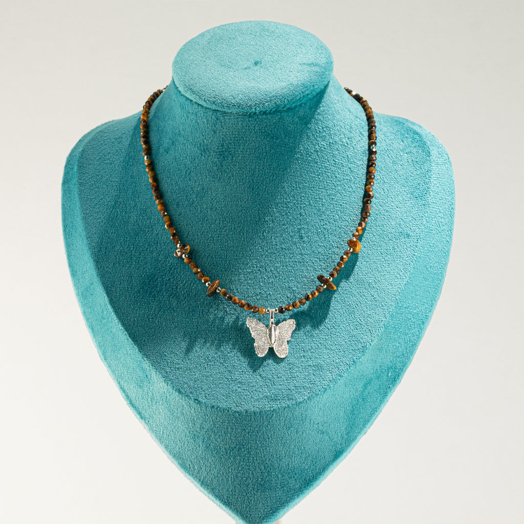Nymph Tiger's Eye Gemstone Necklace with Real Leaf Butterfly Pendant