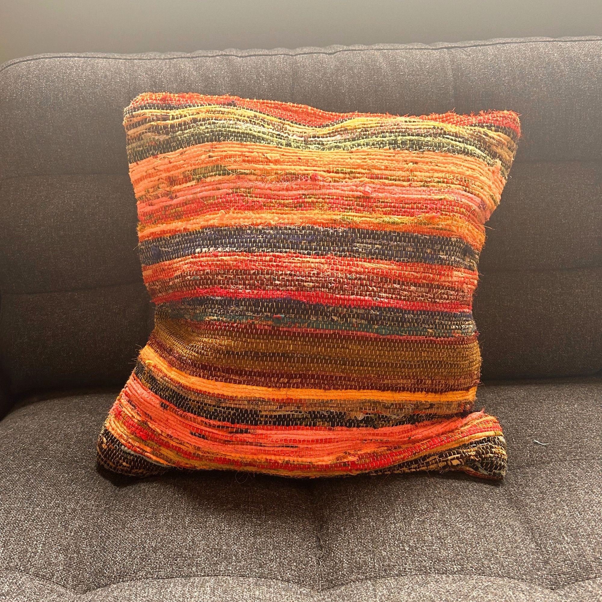 Sunrise Oranges Rag Rug Cushion Cover | Recycled Cotton | Handmade in India