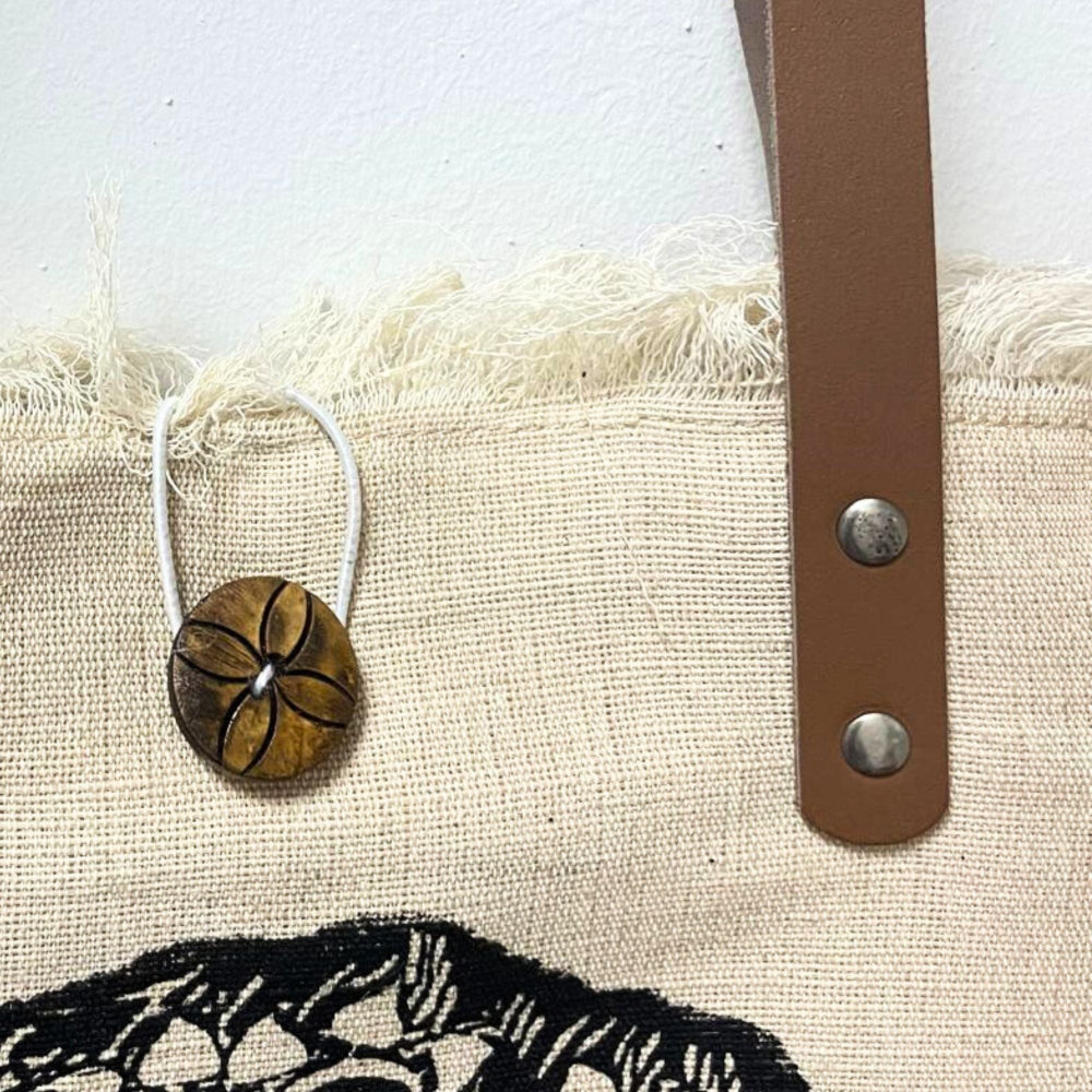 Flower of Life Natural Tote Bag Leather Handle