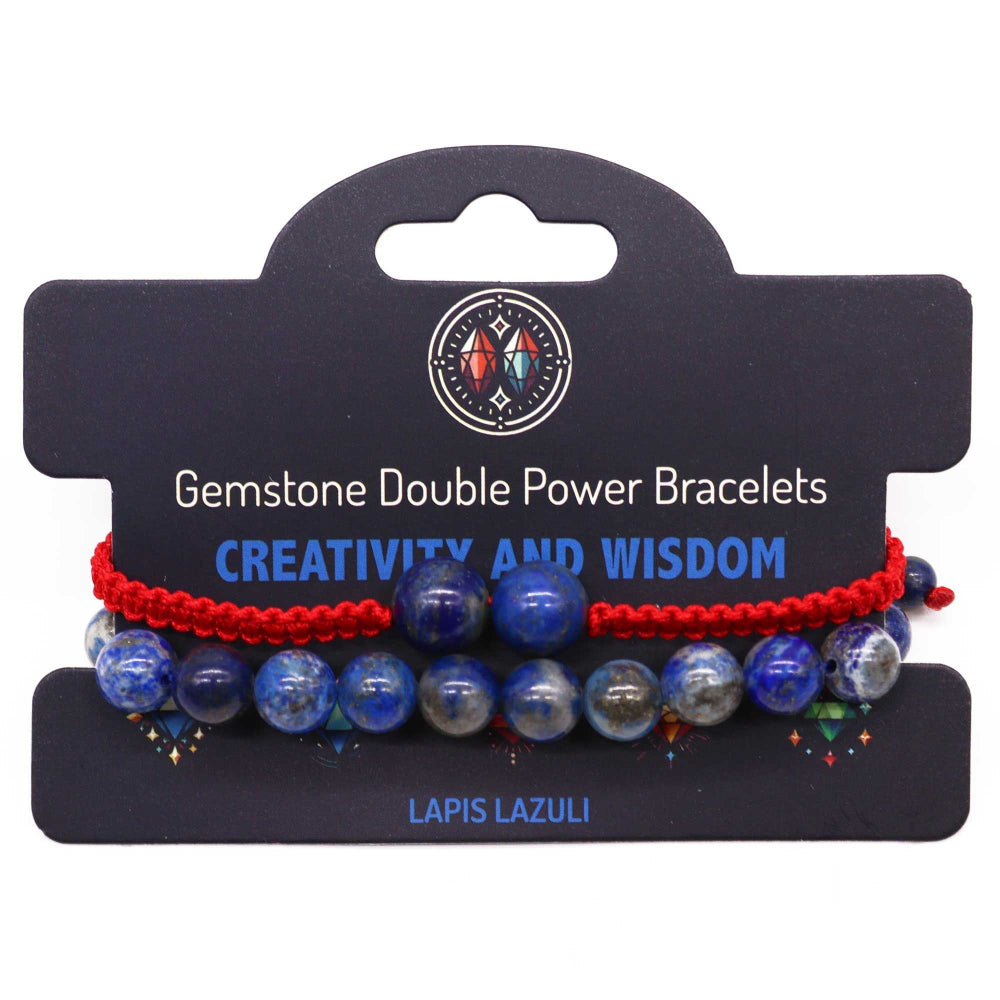 Gemstone double power bracelets on a display card with 'Creativity and Wisdom' text.