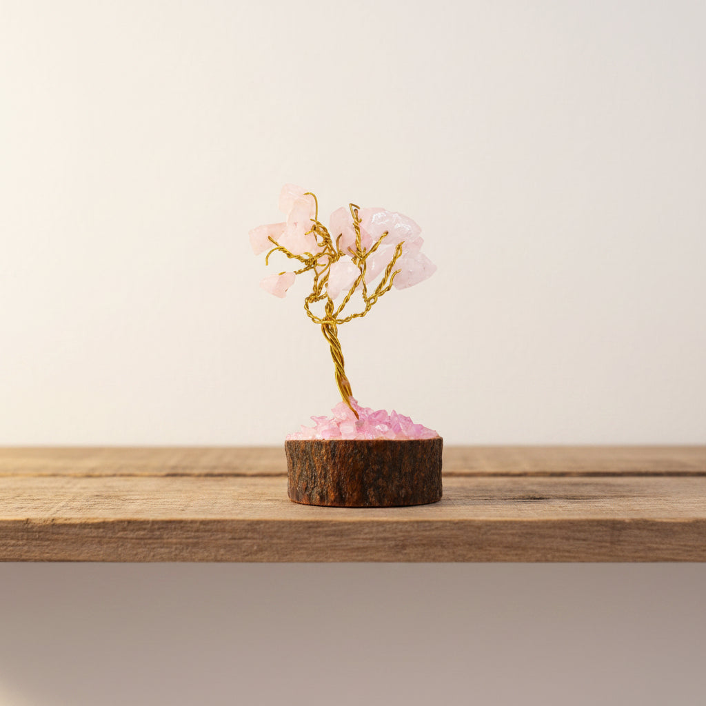 Mini Gemstone Tree On Wood Base - Rose Quartz (15 stones)