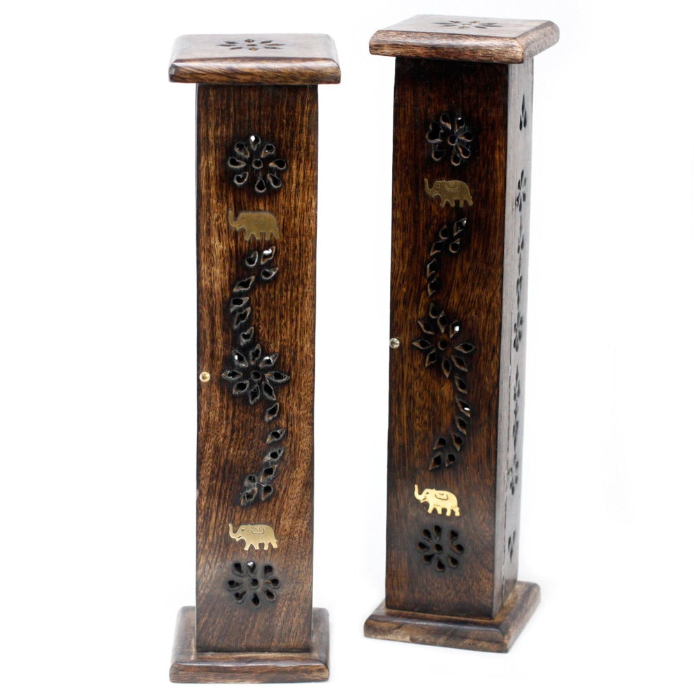Mango Wood Brass Inlay Square Incense Tower