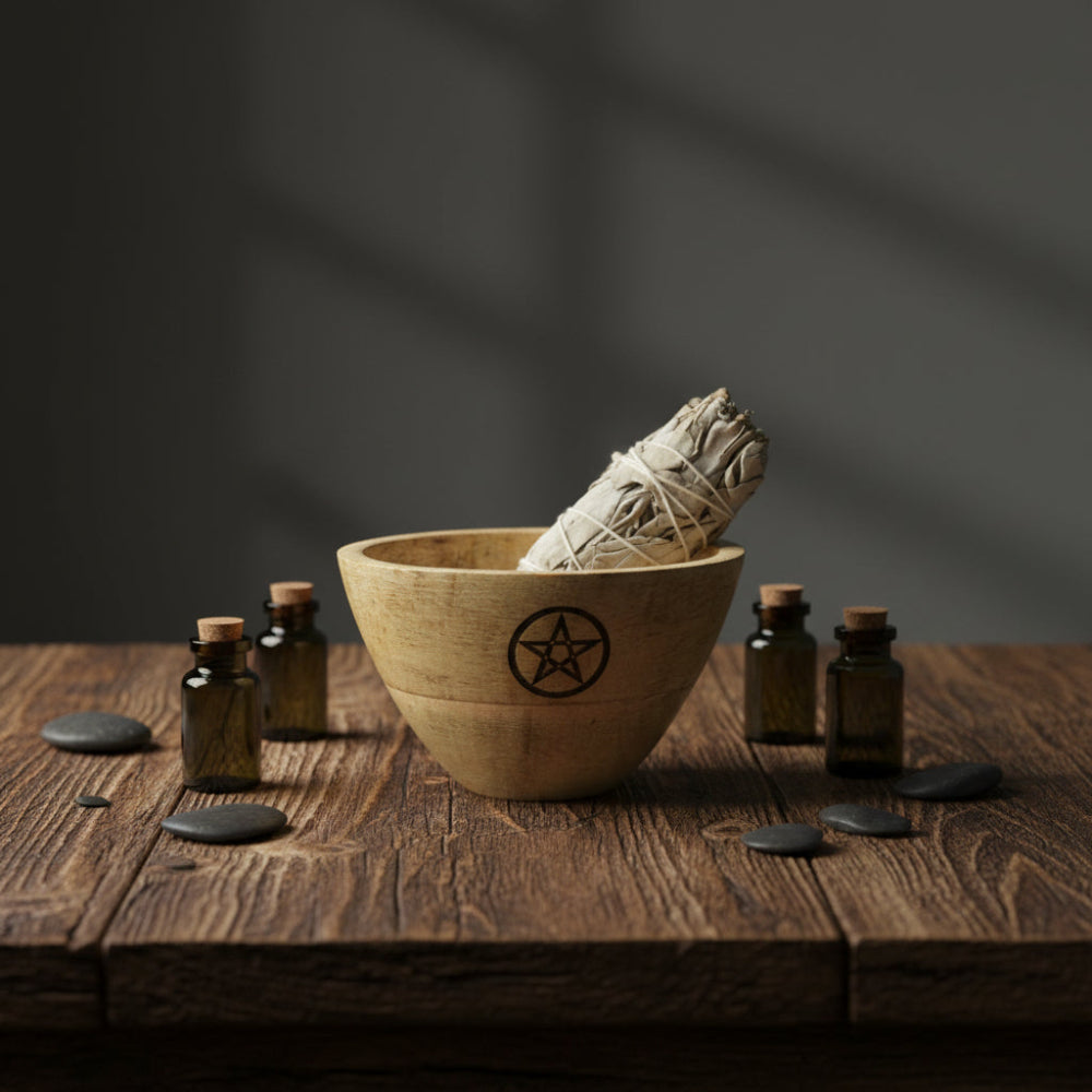 Pentagram Wooden Ritual Bowl — 11×7cm