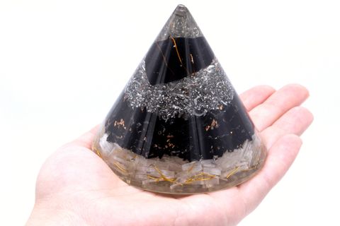 Selenite & Black Tourmaline Orgonite Cone with Copper - 90 mm