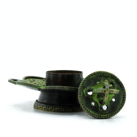 Eight Symbols Brass Verdigris Tibetan Cone & Incense Holder