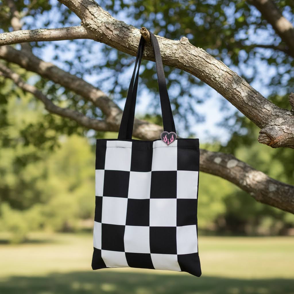 Checkerboard Print Polycotton Tote Bag with Enamel Heart Pin Badge