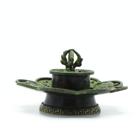 Eight Symbols Brass Verdigris Tibetan Cone & Incense Holder