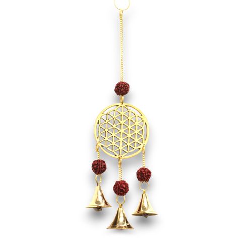 Flower of Life Wind Chime with Rudraksha Beads & 3 Brass Bells