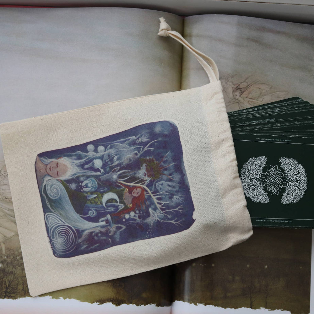 A cream canvas drawstring pouch with a colorful fantasy illustration, resting on an open book next to a fanned deck of dark green cards with silver circular logos.