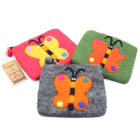 Butterfly Felt Zipper Pouch | Handmade Wool Pouch from Nepal
