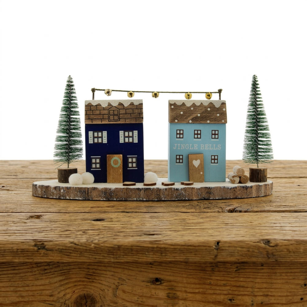 Wooden Double Snowy House Christmas Ornament | 25cm