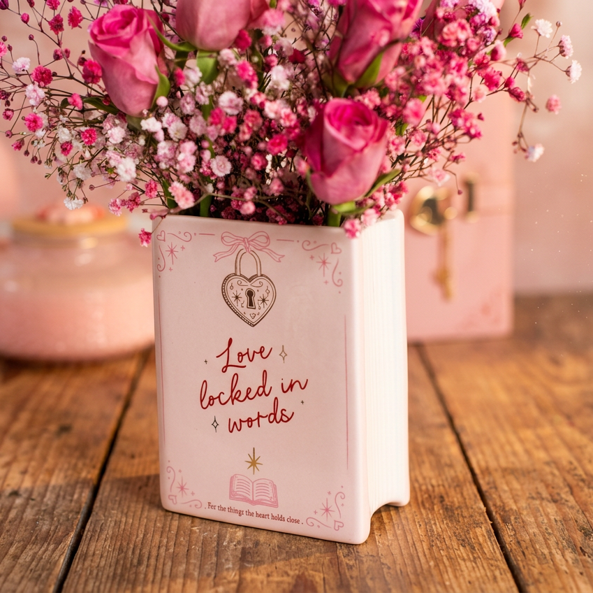 A white rectangular gift box with pink decorative text reading 'Love locked in words' and a heart-shaped padlock illustration, filled with pink roses and baby's breath flowers, set against a soft pink background.