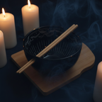 A black ceramic bowl with white celestial patterns, shown on a wooden tray with wooden chopsticks resting across it, against a bright white background with soft decorative candles and green leaves.