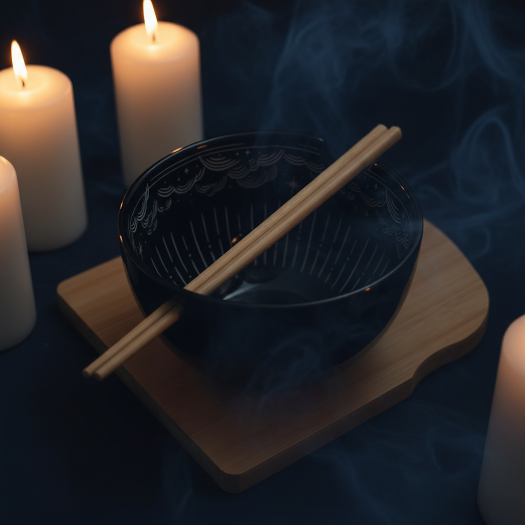 A black ceramic bowl with white celestial patterns, shown on a wooden tray with wooden chopsticks resting across it, against a bright white background with soft decorative candles and green leaves.