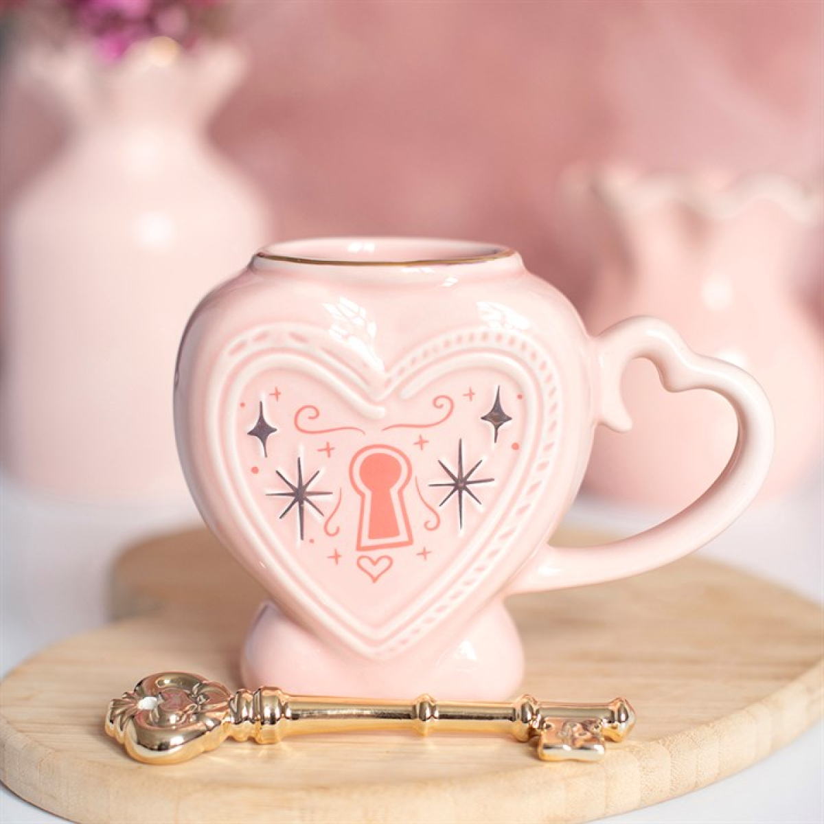 Pink Heart Locket Mug with Key Stirrer
