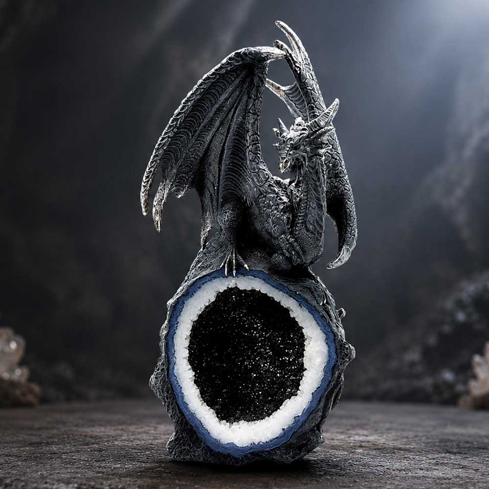 Midnight Crystal Overseer Black Dragon on Geode Figurine | 22.6cm