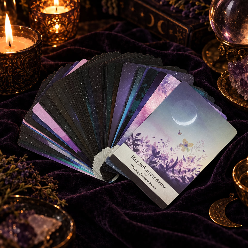 Moonology Oracle Cards sample cards showing lunar wisdom and celestial artwork by Nyx Rowan