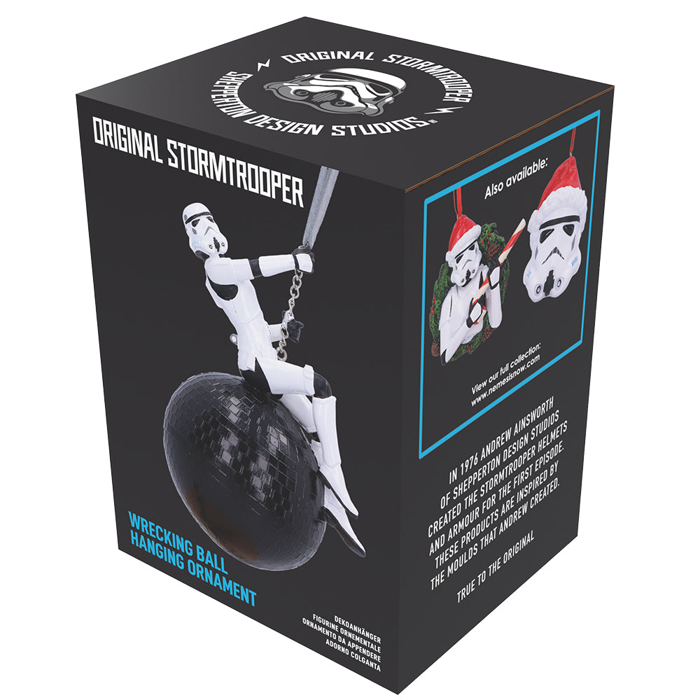 Box packaging for a 'Wrecking Ball Hanging Ornament' featuring a stormtrooper design.