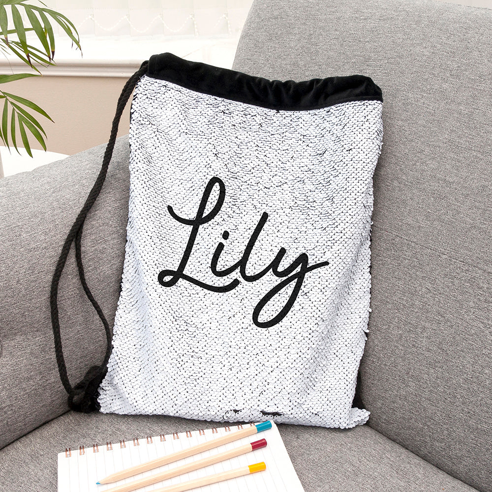 Eleanoras Personalised Kids Hidden Message Sequin Bag Black PE Kit Bags