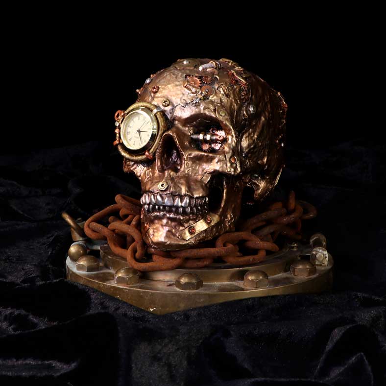 Scrapped Bronze-Finish Steampunk Skull Figurine