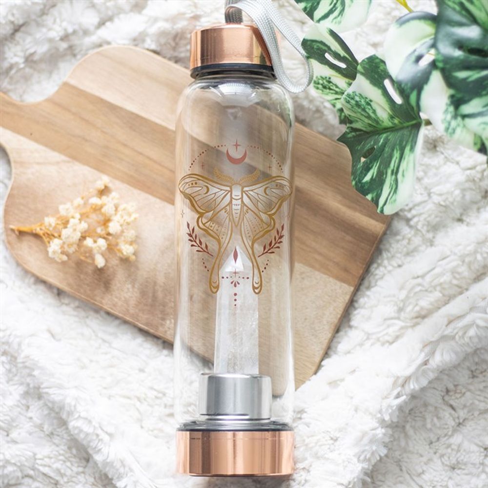 Eleanoras Luna Moth Glass Water Bottle With Clear Quartz Crystal Bottles & Flasks
