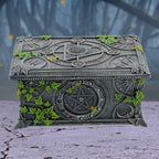 decorative box with mystical symbols and greenery on a textured surface suitable for holding tarot cards. 