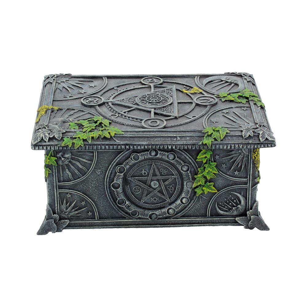 Decorative wiccan chest with penatgram designs on a white background.