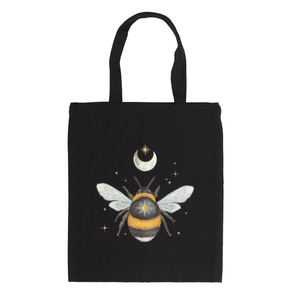 Black tote bag with a bee and moon desin.